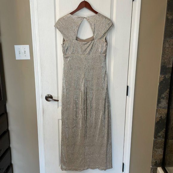 Lauren | Ralph Lauren Evening Gold Metallic Maxi Dress Cut Out Slit Stretch 10 - Picture 6 of 10